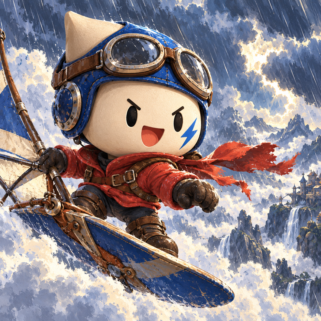 Storm Rider Dreamer concept study — Blue goggles, a helmet, and a red scarf, riding a flying board through storm clouds.