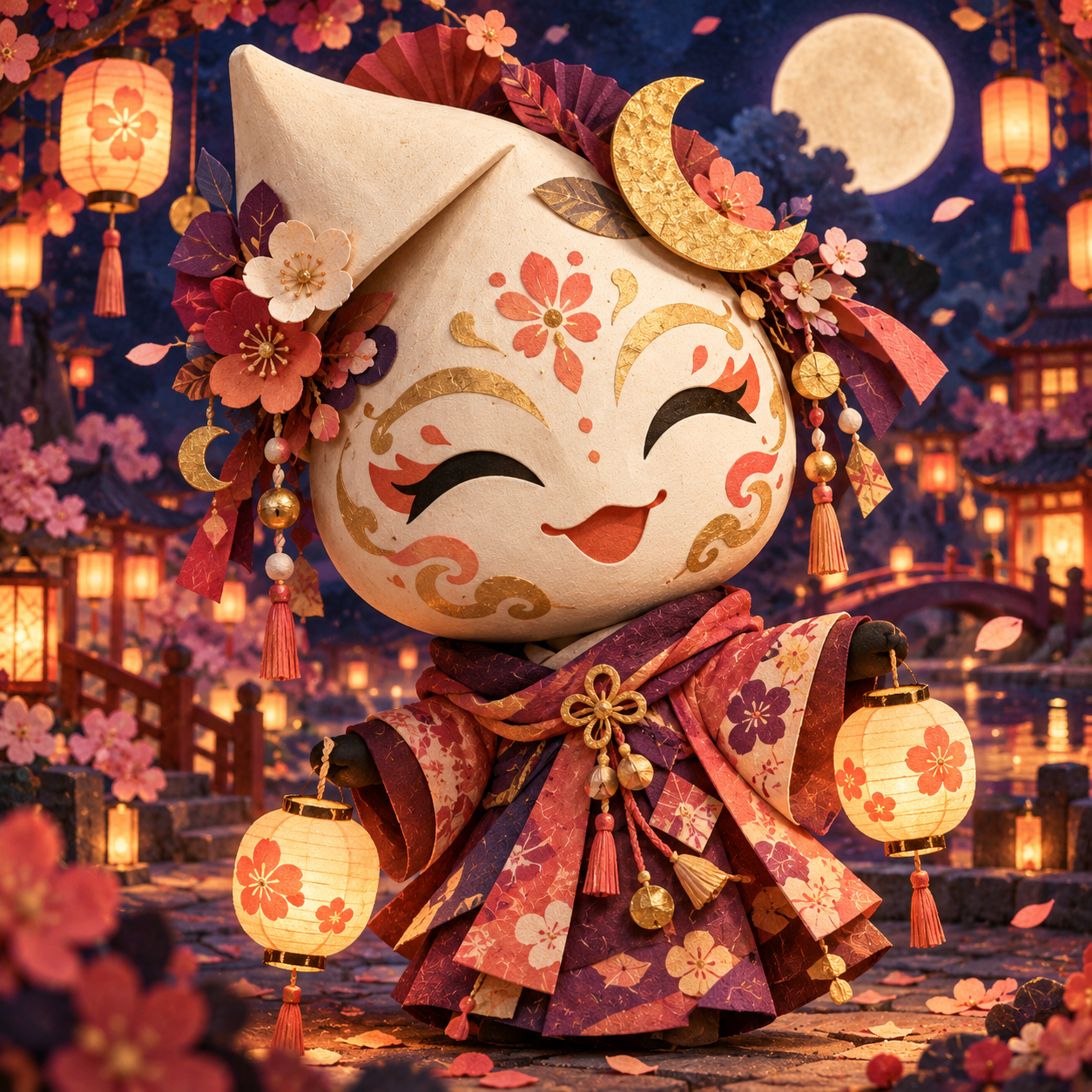 Festival Dreamer Dreamer concept study — A floral paper mask among golden moons and festival lanterns.
