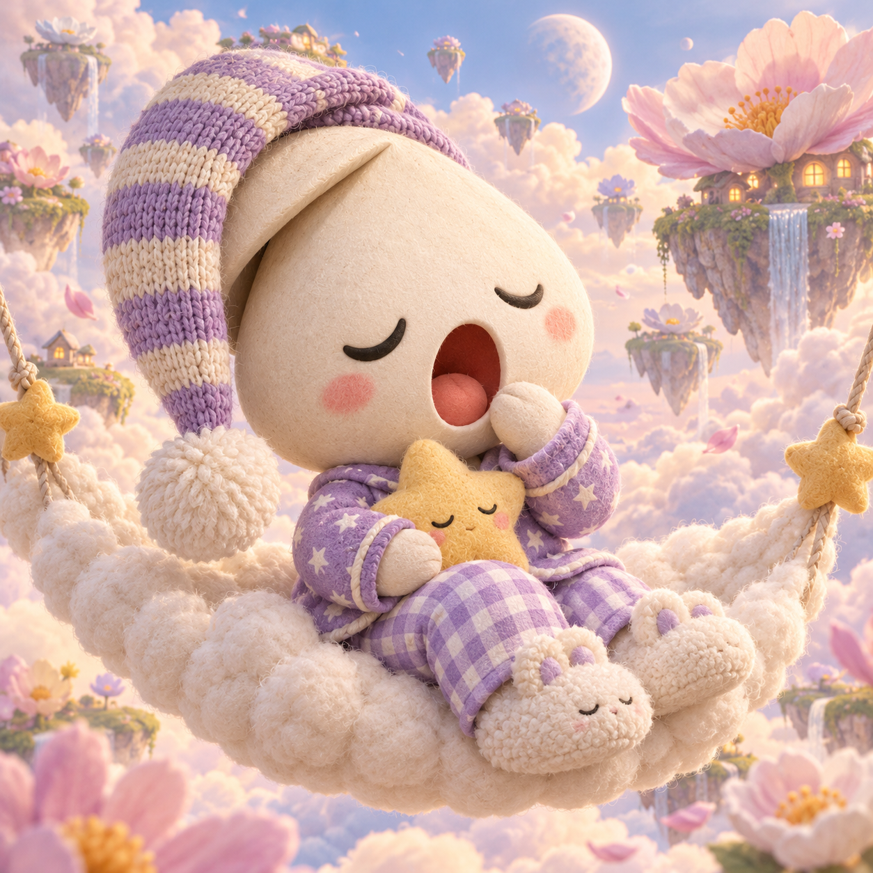 Cloud Sleeper Dreamer concept study — Purple knit nightcap and pajamas, resting in a starry cloud hammock.