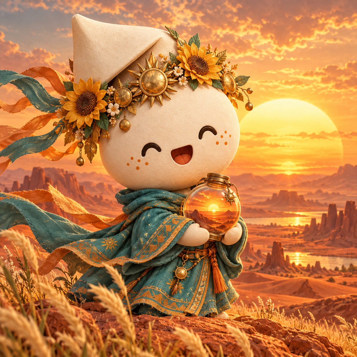 Sunset Collector Dreamer concept study — A happy Dreamer with flowers and a jar of sunset light in a sunlit canyon.